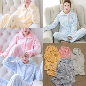 4 Sets Women Winter Fleece Flannel Long Sleeve Cartoon Pajama Sleepwear